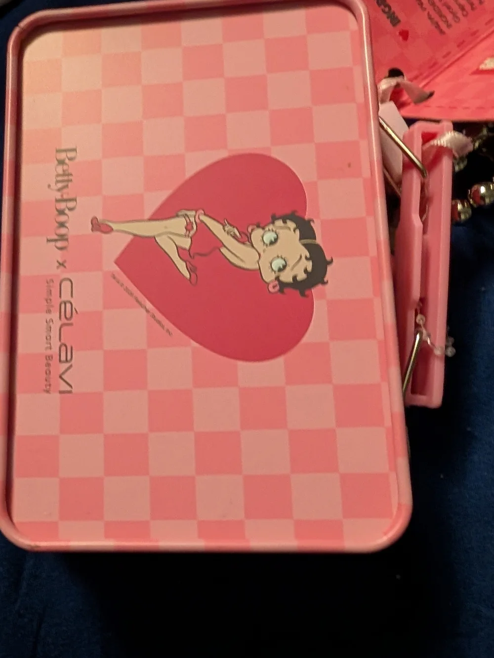 New Small Betty Boop Pink Checker Cosmetic Case with Heart Graphic